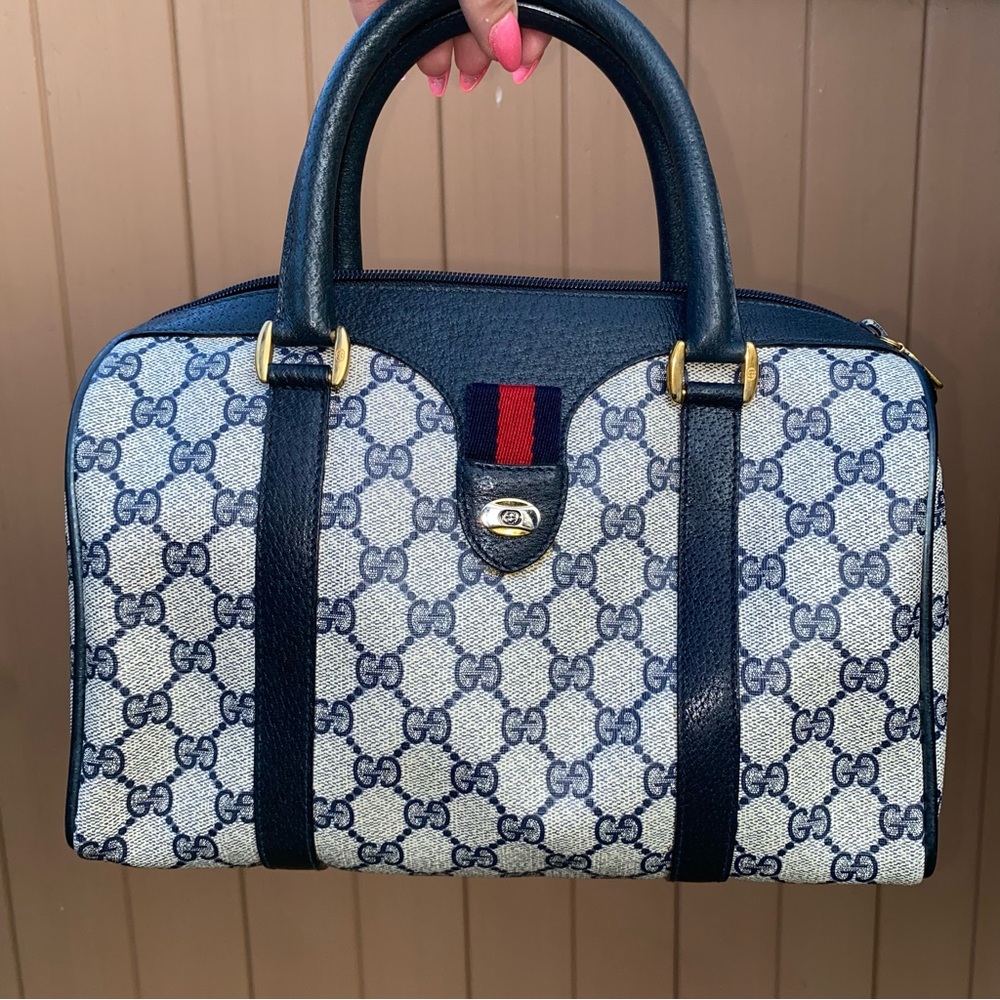 Gucci Blue and Cream Satchel with Structured Shape